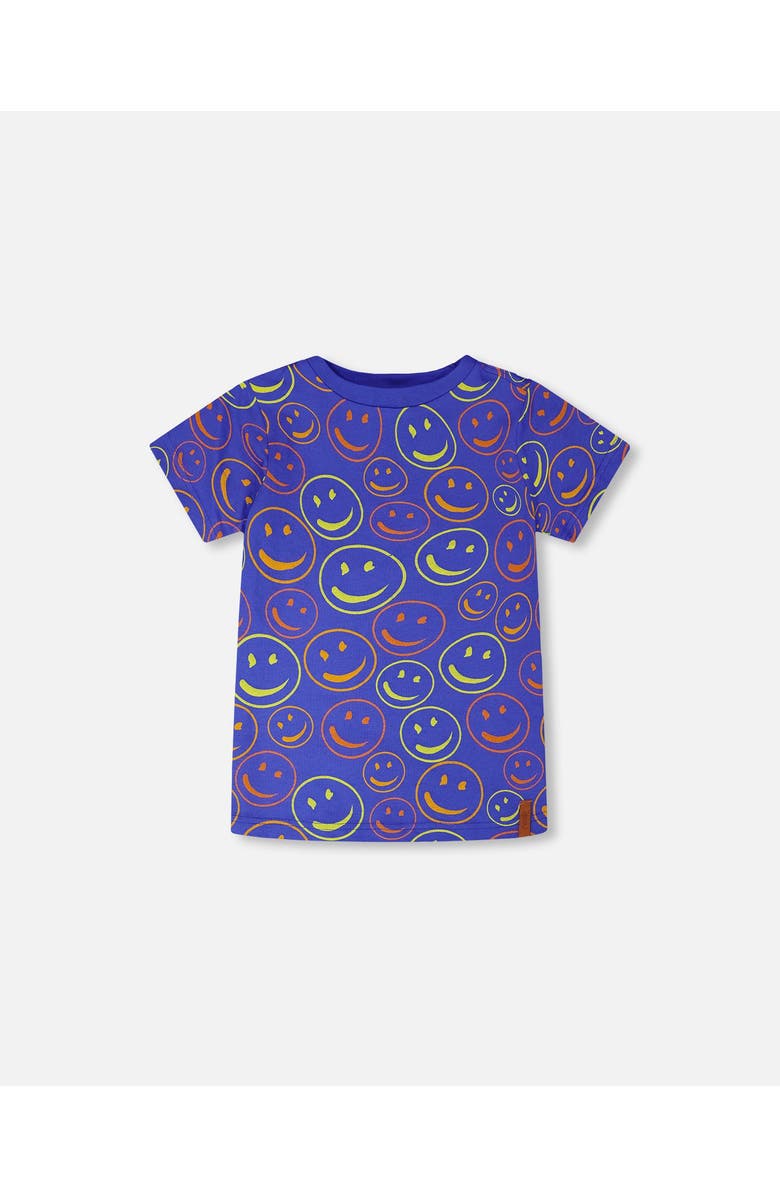 Deux par Deux Organic Cotton Jersey Smiley T-Shirt, Main, color, Blue Smiley Print