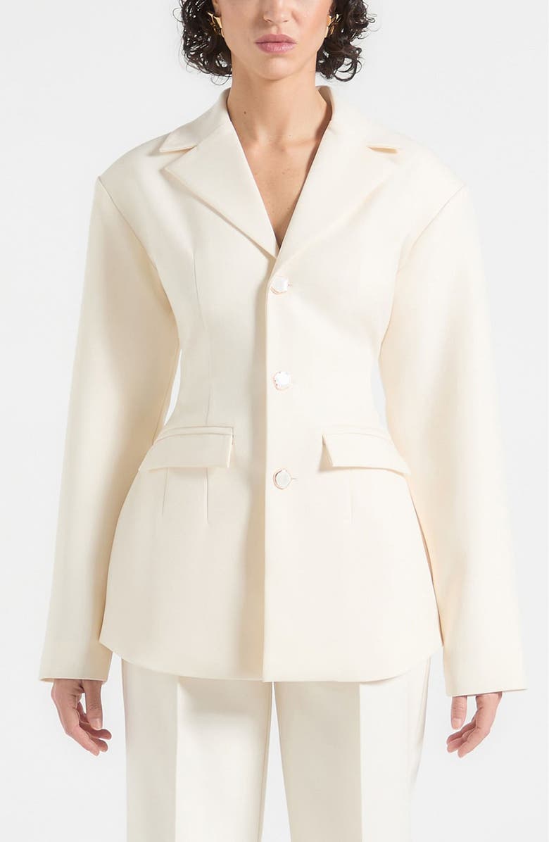Manière De Voir Claire Wide Shoulder Cinch Waist Blazer, Main, color, Cream