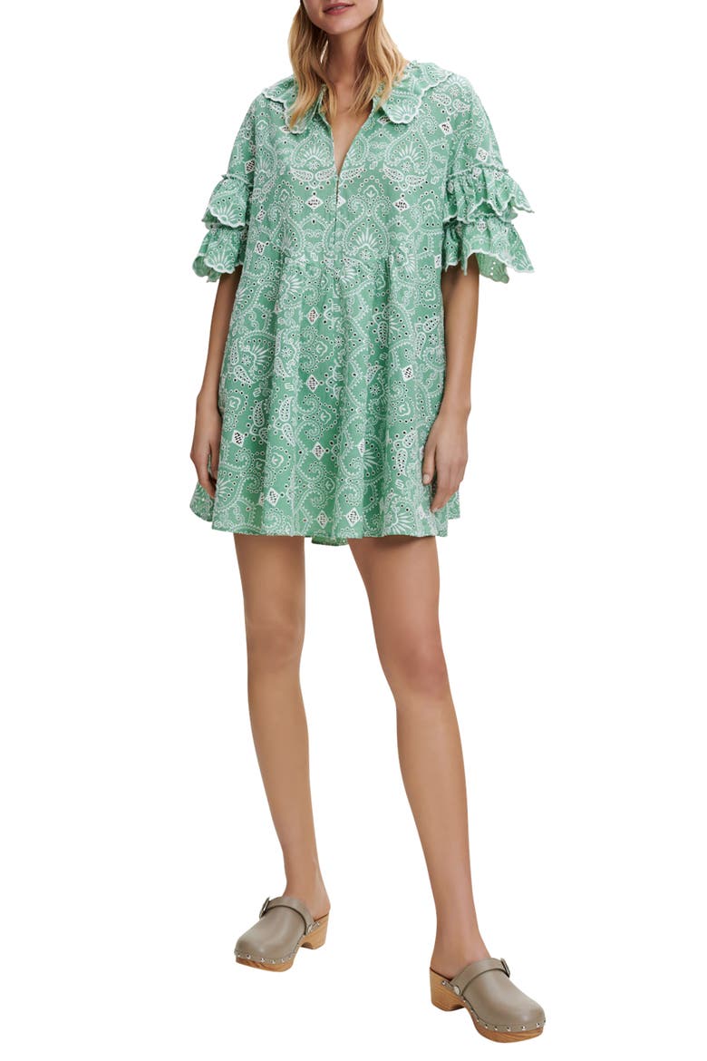 Raberie Eyelet Ruffle Sleeve Cotton Dress, Main, color, VERT CLAIR