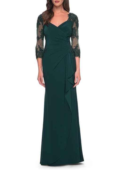 Lace and Net Jersey Gown with Illusion Sleeves