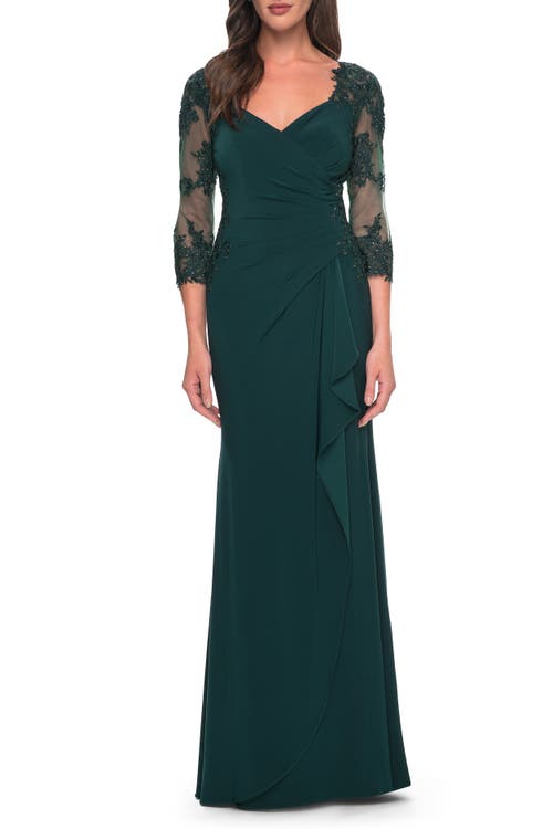 La Femme Lace And Net Jersey Gown With Illusion Sleeves In Hunter Green