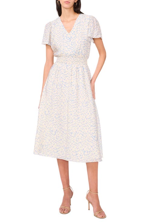 Abstract Print Flutter Sleeve Midi Dress