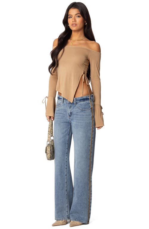 Shop Edikted Faux Suede Stripe Low Rise Wide Leg Jeans In Blue