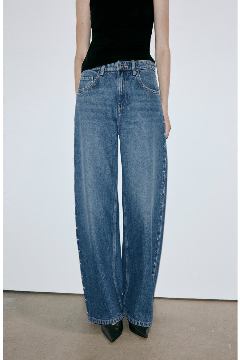 Studded Mid Rise Balloon Jeans, Alternate, color, MEDIUM BLUE