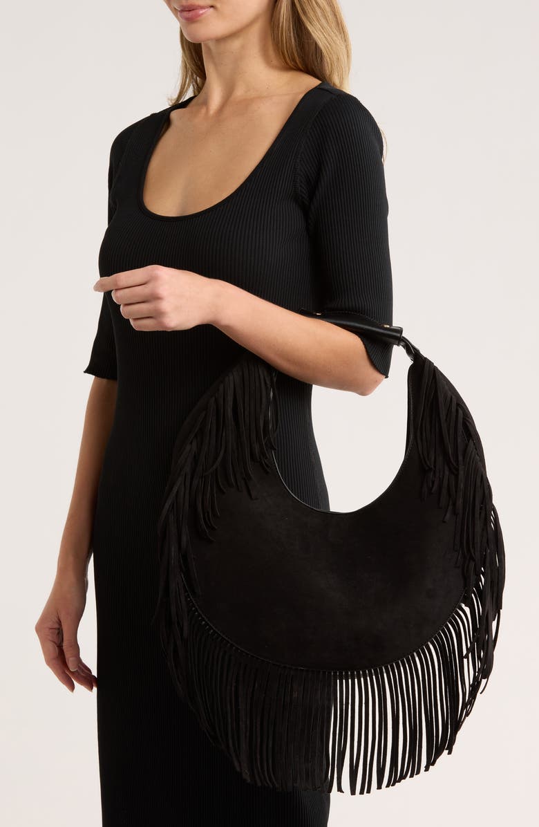 URBAN EXPRESSIONS HANDBAGS Fringe Faux Suede Hobo Bag, Alternate, color, Black