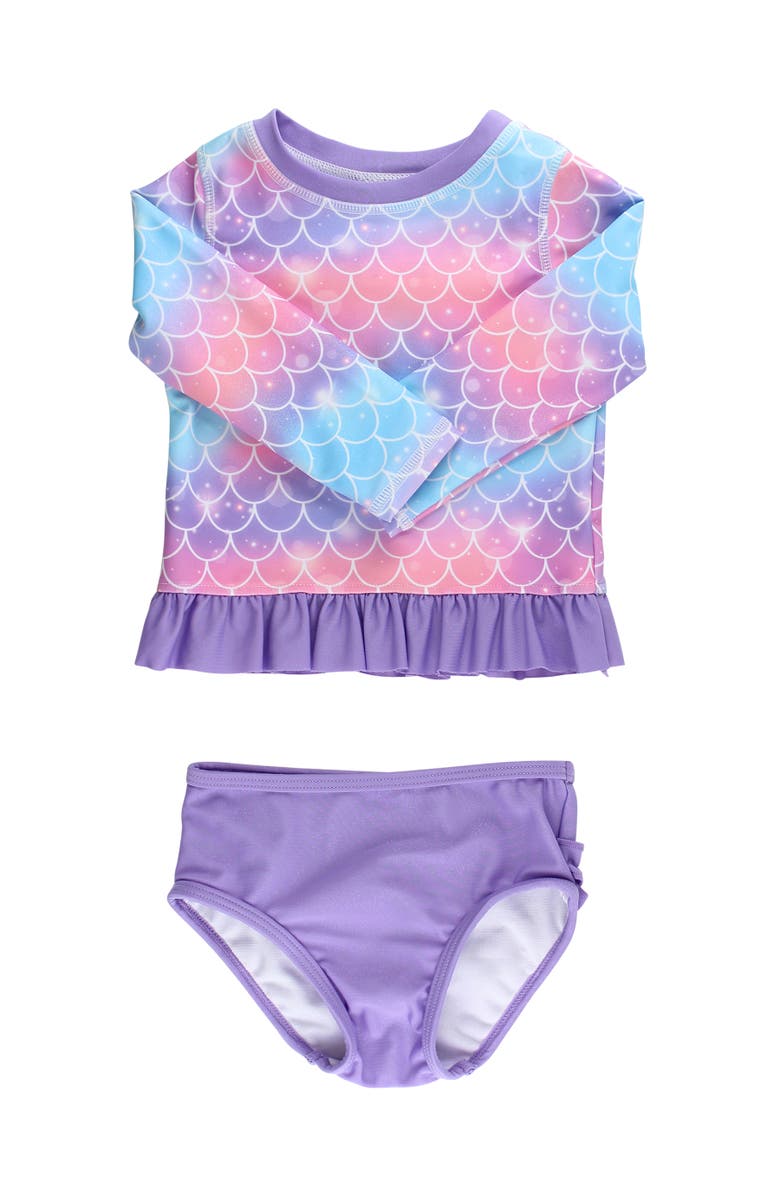 RuffleButts Girls UPF50+ Long Sleeve Rash Guard Bikini, Main, color, Shimmer Mermaid Tale
