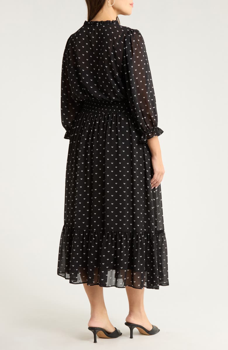 SUGARLIPS Irene Rosaly Bow Print Long Sleeve Smock Waist Dress, Alternate, color, Black-White