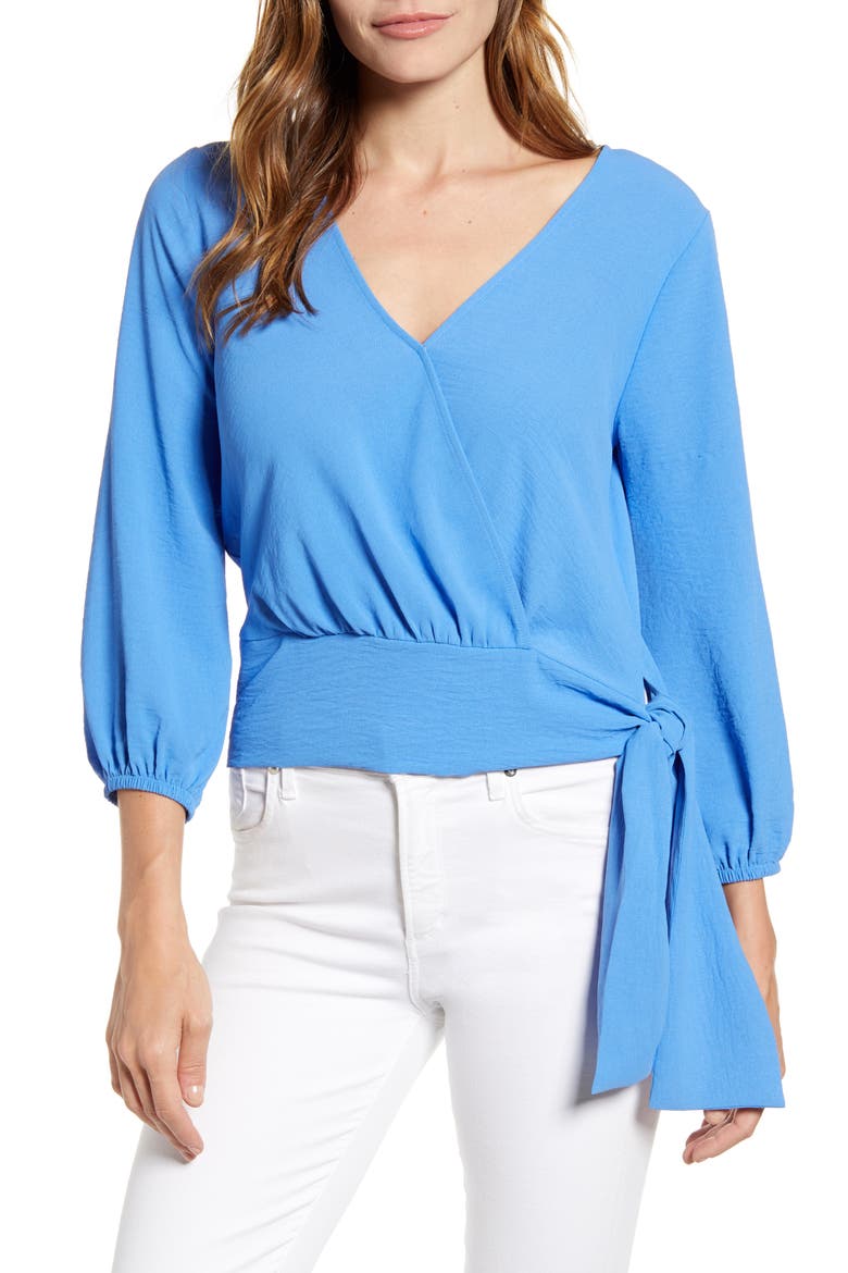 Gibson x Hot Summer Nights Almost Ready Tie Waist Wrap Top (Nordstrom Exclusive), Main, color, CORN FLOWER