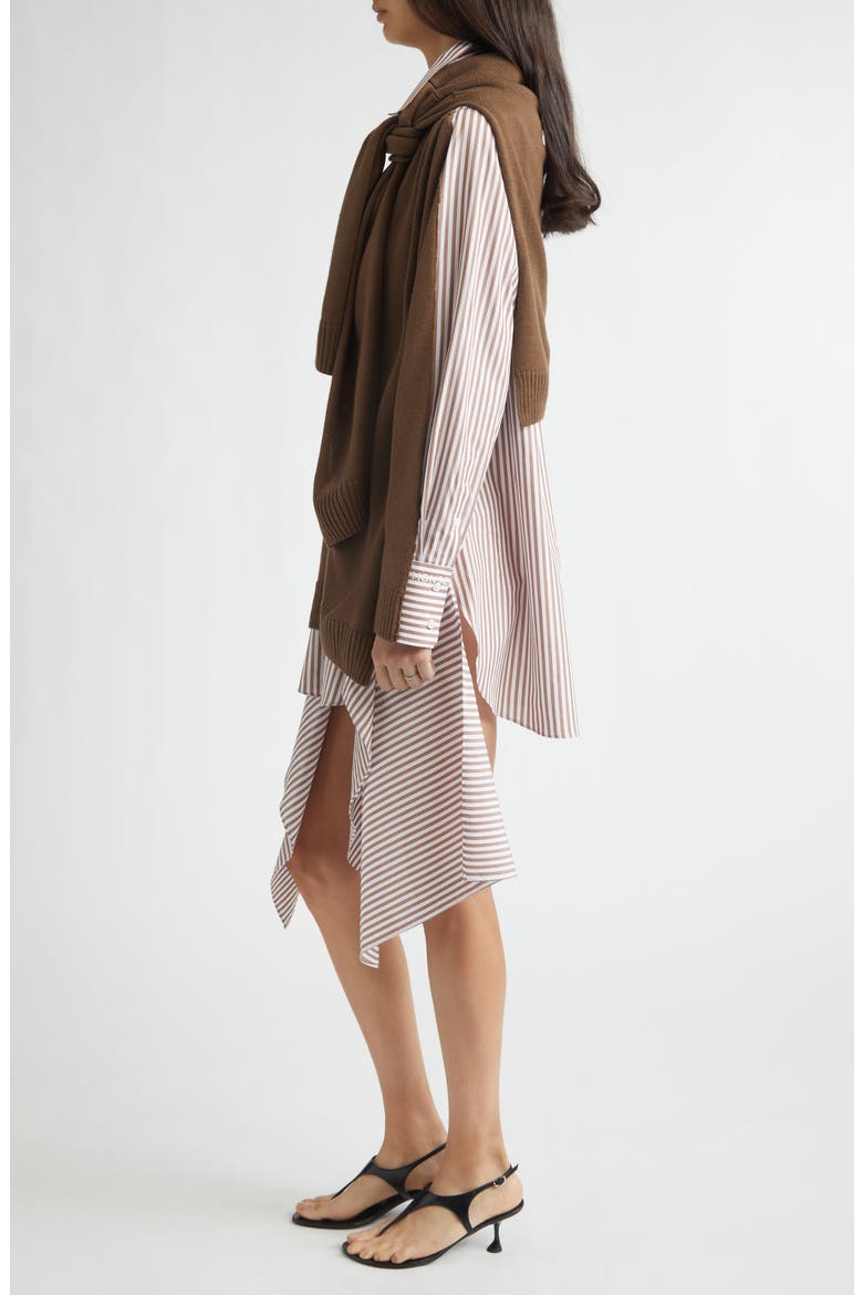 Combo Stripe Long Sleeve Cotton Poplin Shirtdress with Merino Wool Cardigan, Alternate, color, BROWN MULTI