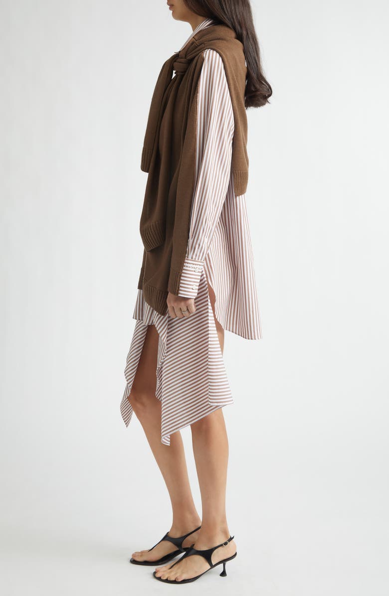 MONSE Combo Stripe Long Sleeve Cotton Poplin Shirtdress with Merino Wool Cardigan, Alternate, color, Brown Multi