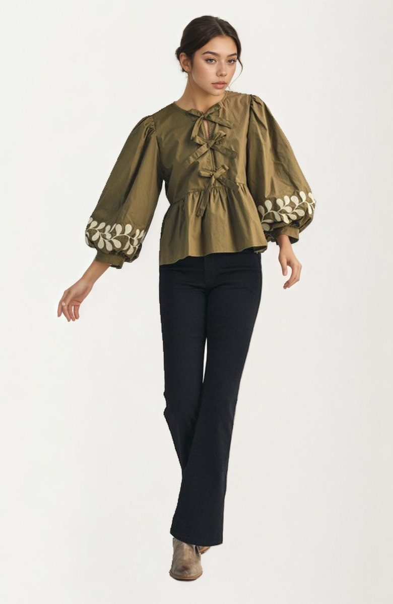 Knit and Lounge Bow Front Embroidered Balloon Sleeve Blouse, Alternate, color, 