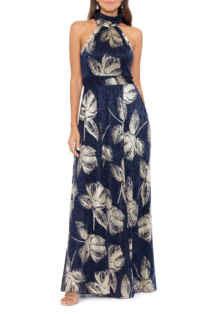 Betsy & Adam Foil Print Sleeveless Gown, Main, color, Navy/ Gold
