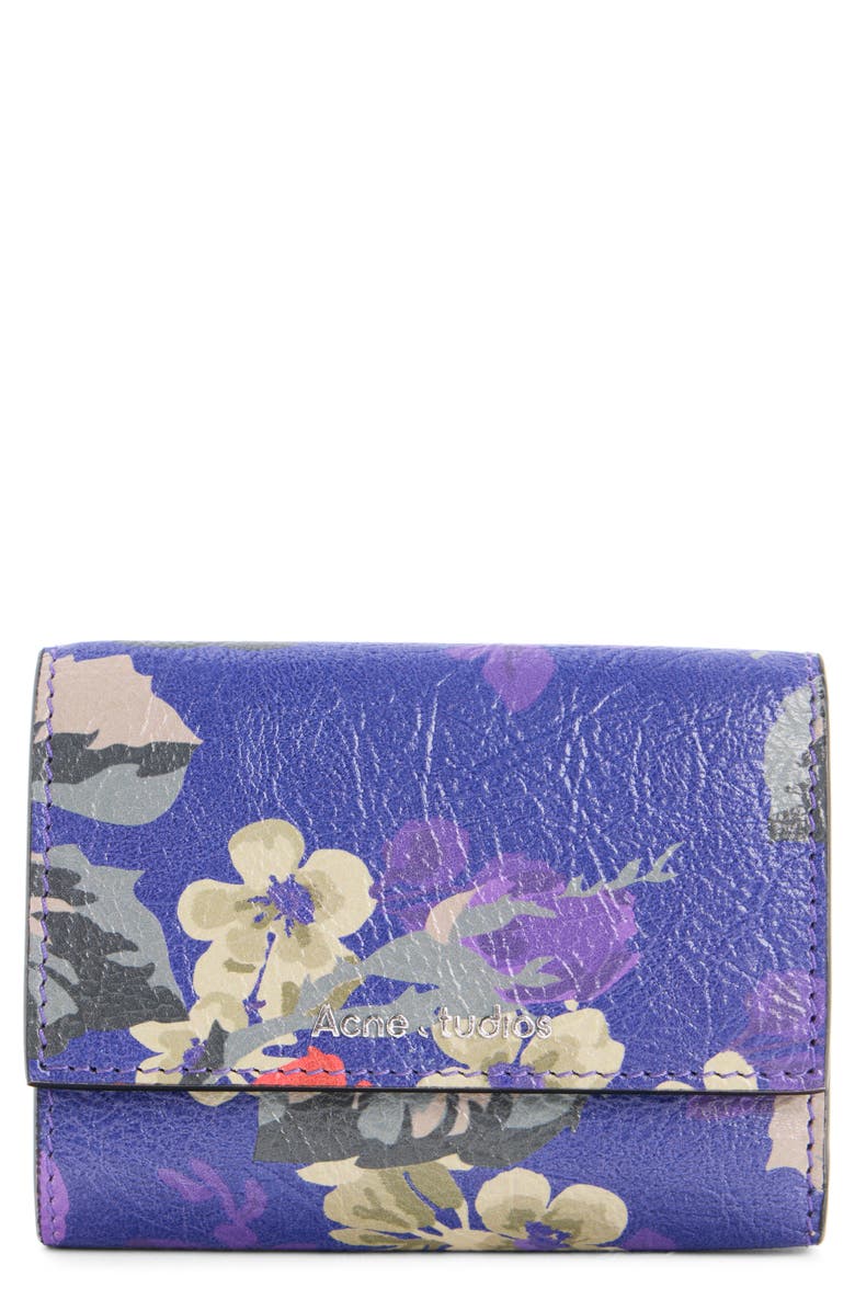 Acne Studios Flower Print Leather Trifold Wallet, Main, color, Violet Purple