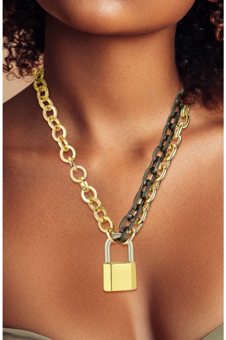 Padlock Pendant Mixed Link Necklace, Alternate, color, GOLD