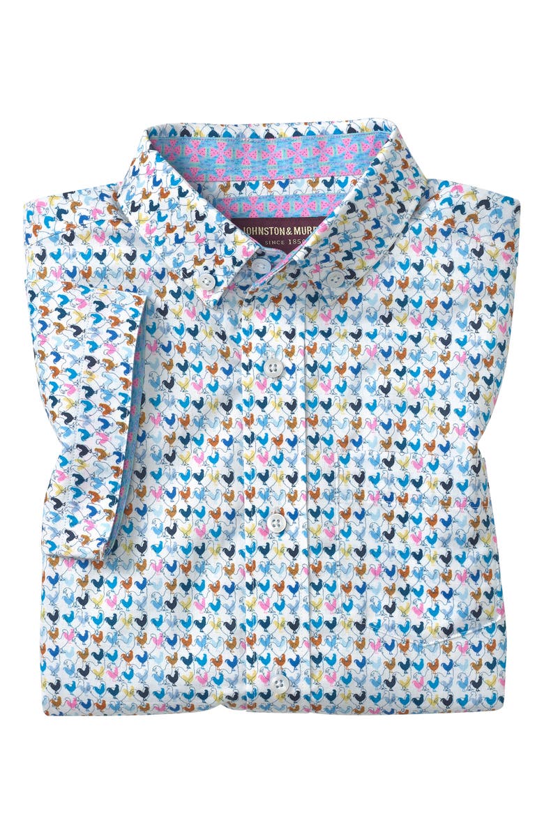 Johnston & Murphy Kids' Rooster Print Short Sleeve Button-Up Shirt, Alternate, color, White
