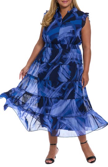 London Times Flutter Sleeve Tiered Maxi Dress In Blue