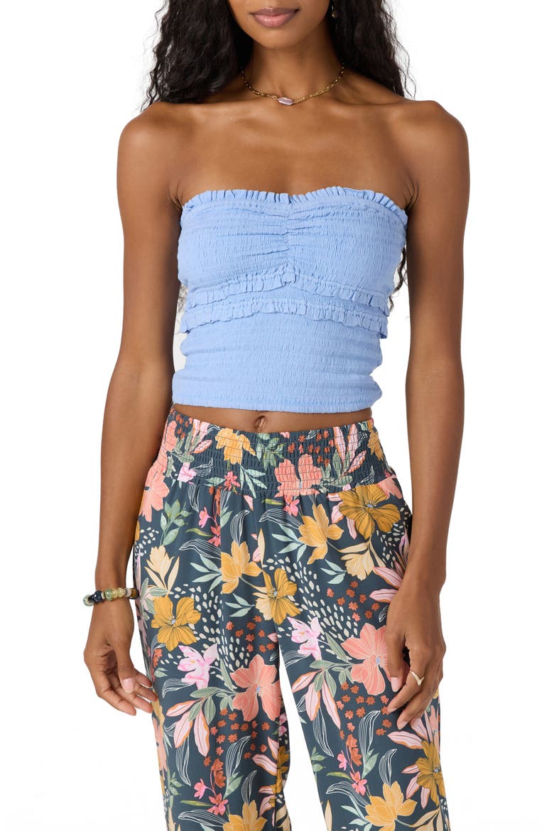 Dedra Smocked Ruffle Strapless Crop Top, Main, color, HYDRANGEA