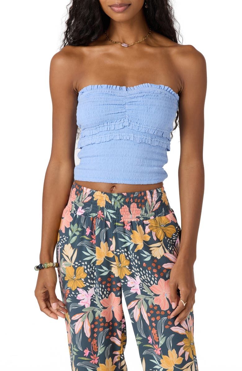 O'Neill Dedra Smocked Ruffle Strapless Crop Top, Main, color, Hydrangea