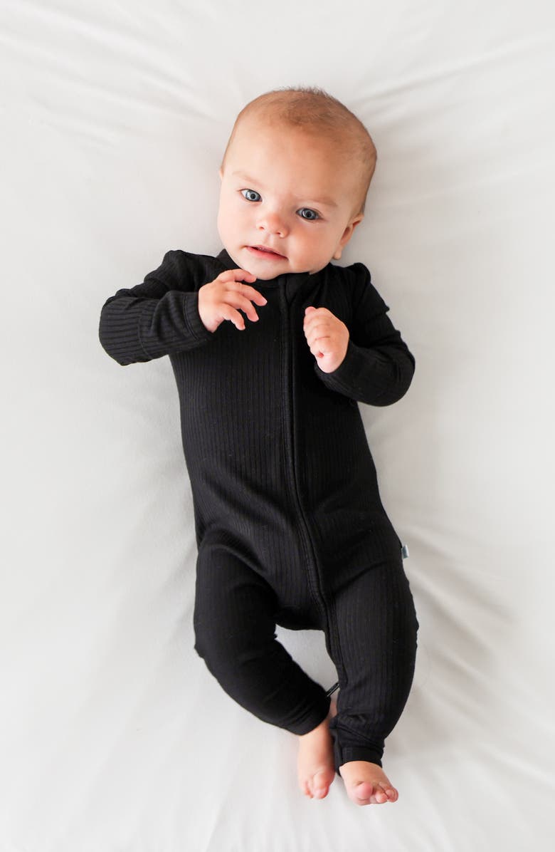 Posh Peanut Solid Black Fitted Rib Convertible Footie Pajamas, Alternate, color, Black