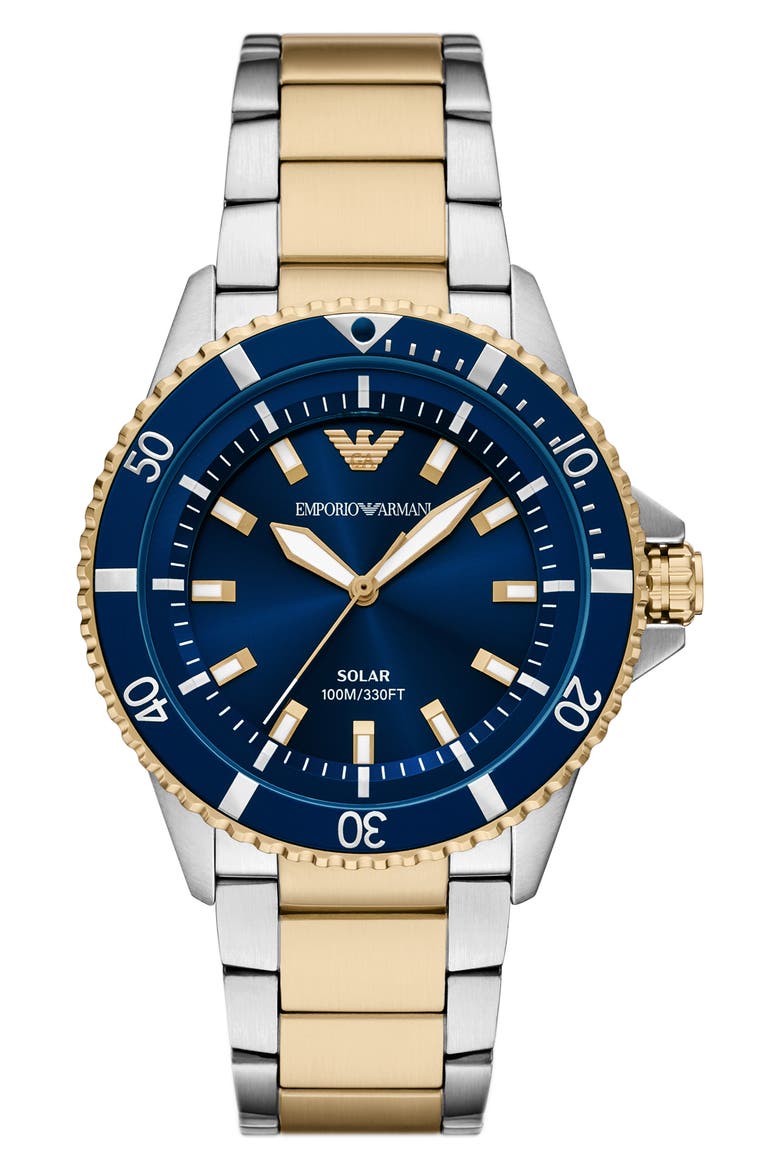 World Explorer Solar Two-Tone Bracelet Watch, 42mm, Main, color, GOLD/ SILVER