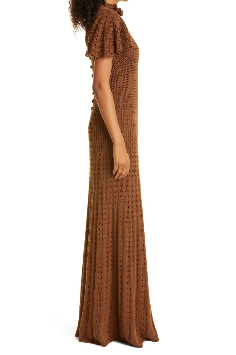 Flounce Sleeve Cotton Blend Crochet Maxi Dress, Alternate, color, CHOCOLATE