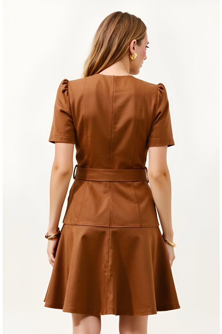 Short Sleeve Mini Dress with Belted Waist and Utility Pockets, Alternate, color, Brown