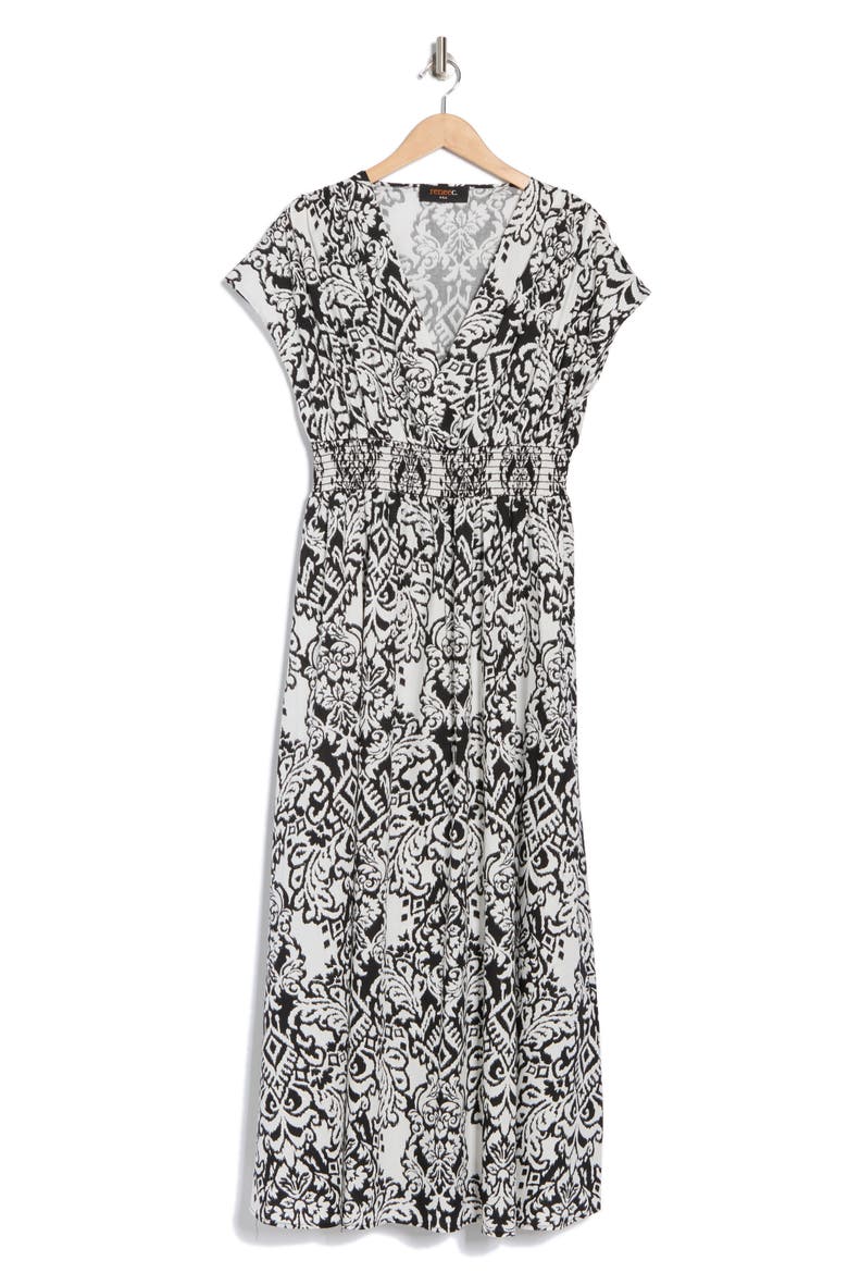 Short Sleeve Smocked Cotton Blend Maxi Dress, Alternate, color, BLACK/ WHITE