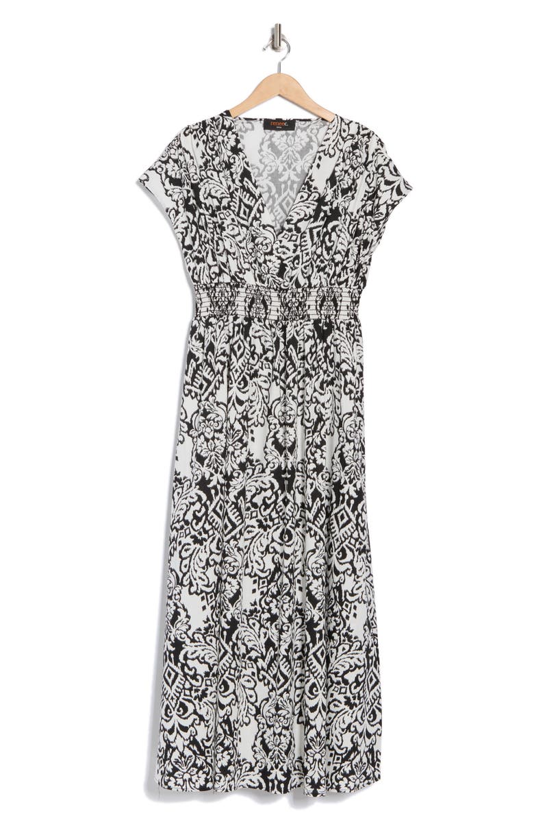 Renee C Short Sleeve Smocked Cotton Blend Maxi Dress, Alternate, color, Black/ White