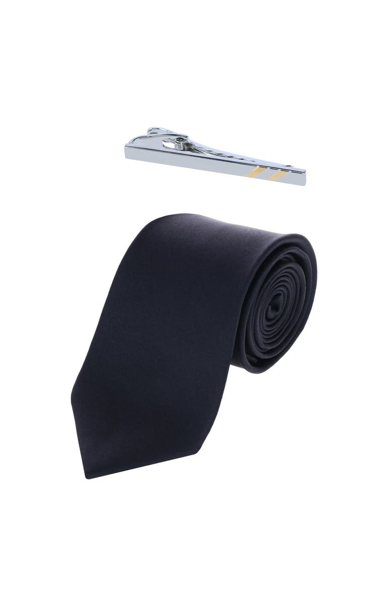 Trafalgar Sutton Silk Neck Tie & Rhodium and Gold Tie Bar Set, Main, color, Black