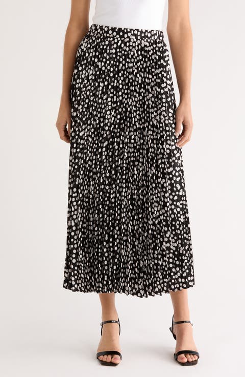 Pleated Polka Dot Elastic Waist Skirt