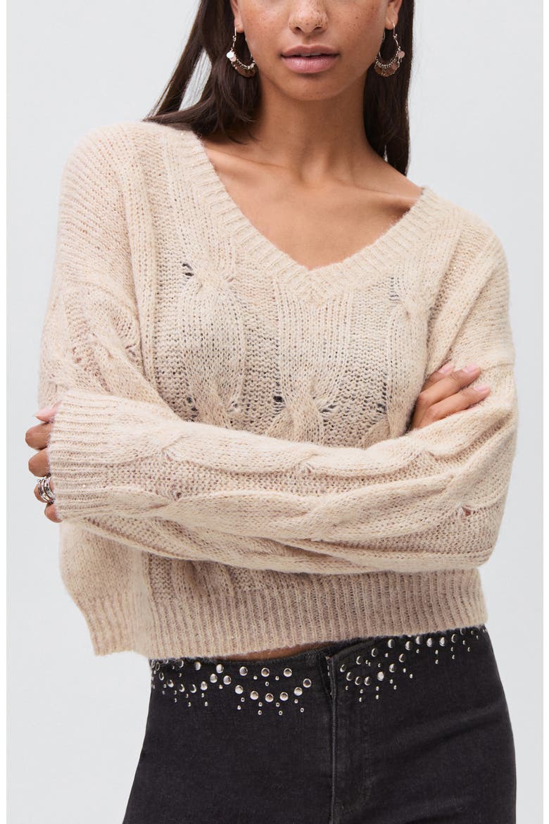 V-Neck Cable Sweater, Main, color, SAND