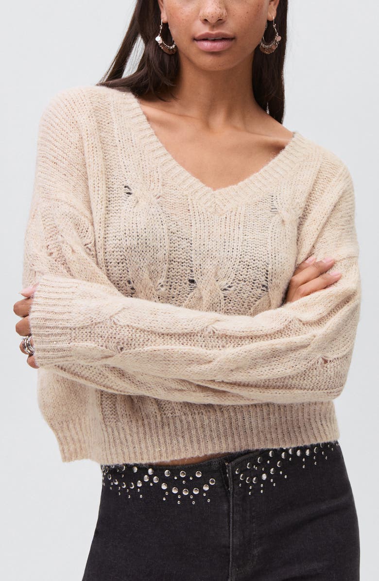 MANGO TEEN V-Neck Cable Sweater, Main, color, Sand