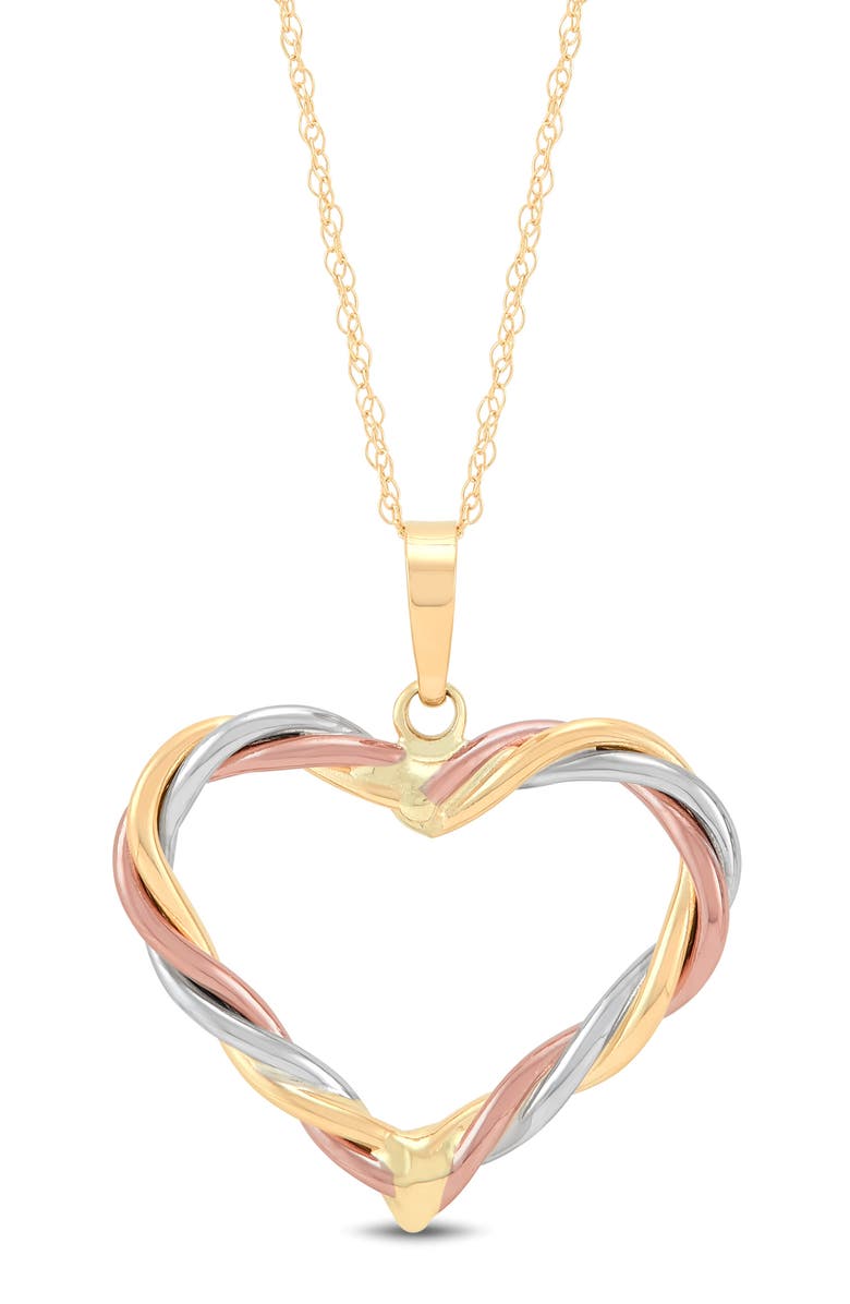 Frankie & Zoe Tri-Tone 14K Gold Twisted Heart Pendant Necklace, Main, color, Tri-Color