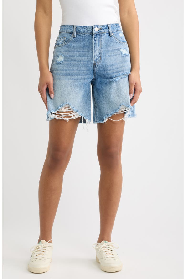 Distressed High Waist Raw Hem Denim Shorts, Main, color, MEDIUM INDIGO
