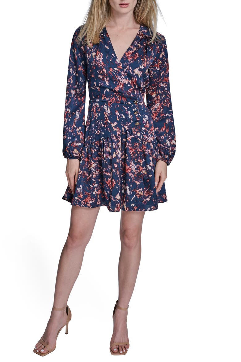 Print Ruffle Long Sleeve Minidress, Main, color, CITY INDIGO MULTI