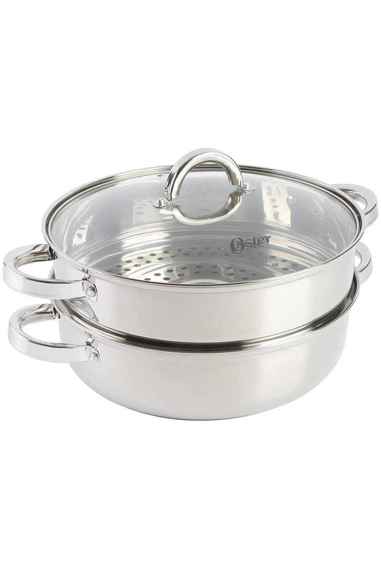 Sangerfield 3 Piece 11 Inch Stainless Steel Everyday Pan with Steamer and Lid, Alternate, color, Metallic Silver