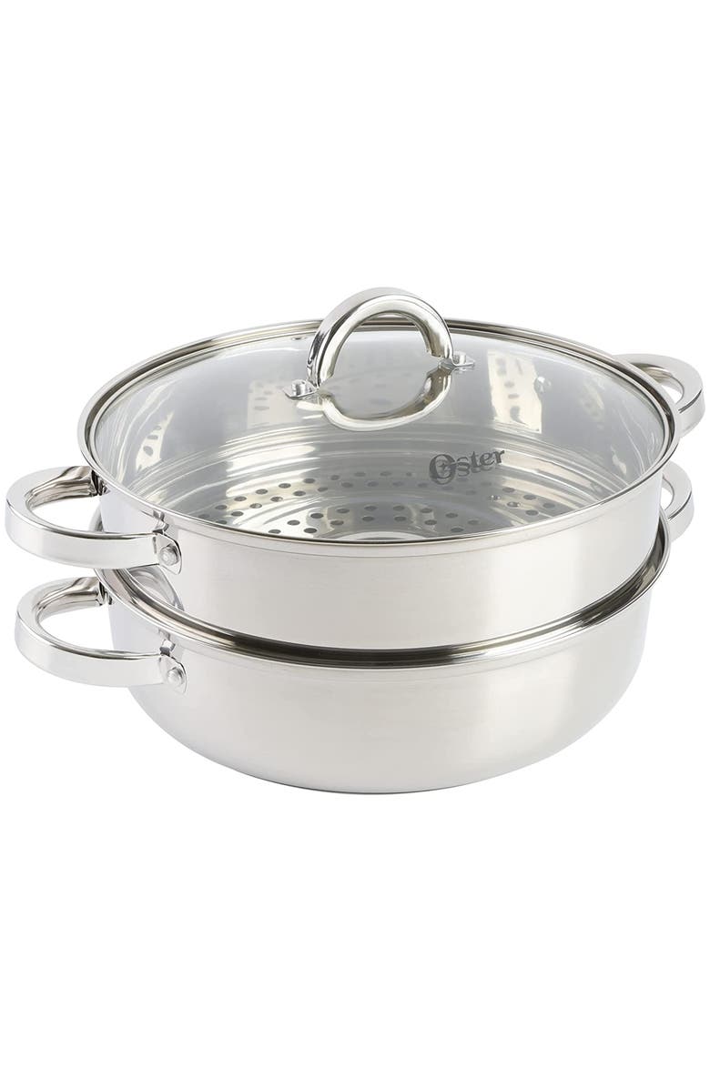 OSTER Sangerfield 3 Piece 11 Inch Stainless Steel Everyday Pan with Steamer and Lid, Alternate, color, Metallic Silver