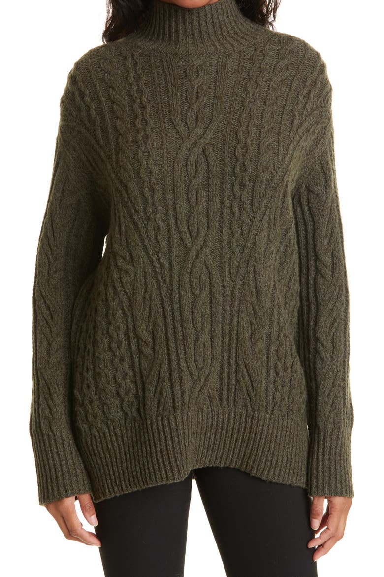 Cable Extrafine Merino Wool Blend Mock Neck Sweater, Main, color, HEATHER FROG/ FOREST