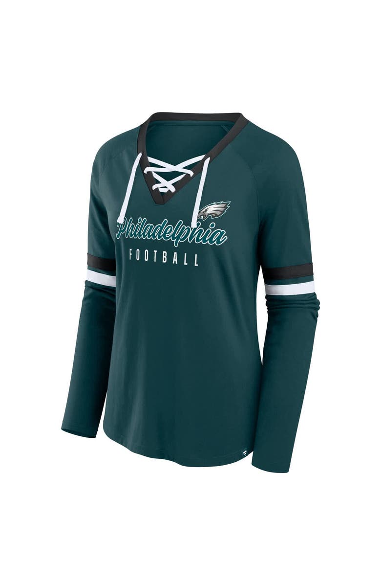FANATICS Women's Fanatics Green Philadelphia Eagles Plus Size Won & Done Lace-Up V-Neck Long Sleeve T-Shirt, Alternate, color, 