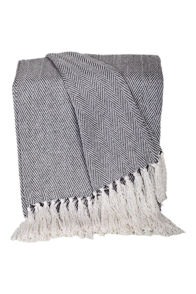 Isla Herringbone Fringe Trim Throw Blanket, Main, color, GRAY