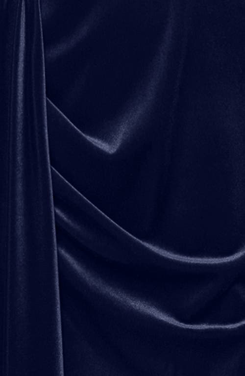 Blondie Nites Drape Strapless Velvet Gown In Blue