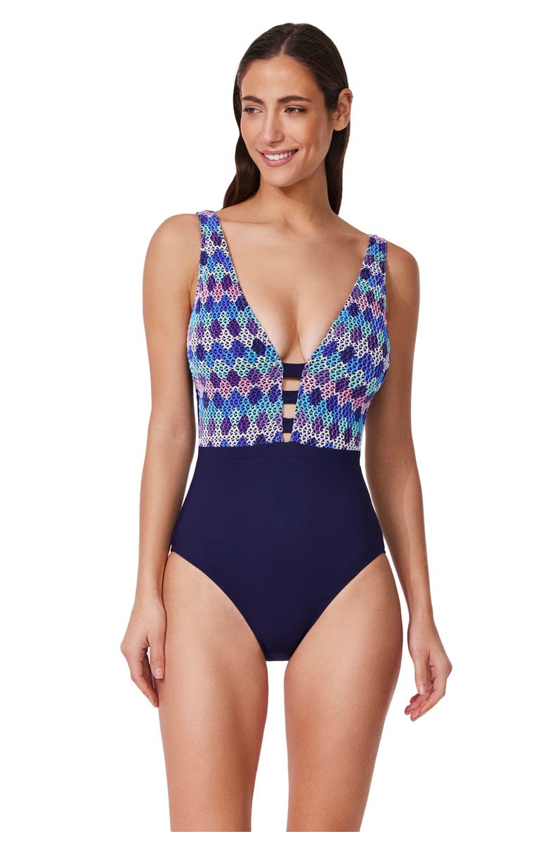 Profile by Gottex Retro Riviera Halter Netted Crochet One Piece, Main, color, Blue-Multi