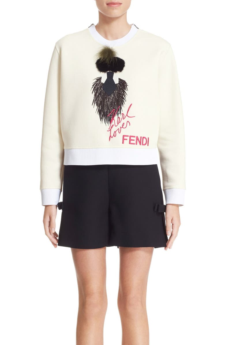Fendi 'Karlito - Karl Loves Fendi' Fleece Top with Genuine Fur Trim, Main, color, 