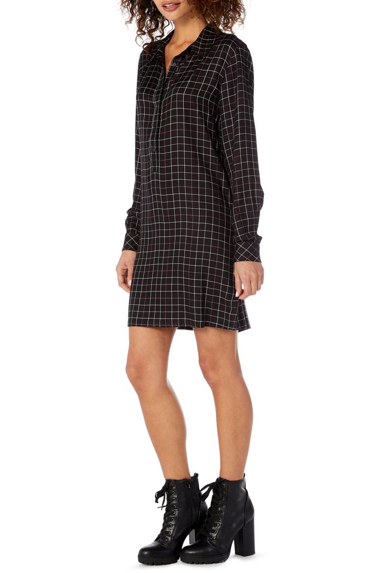 Plaid Henley Shirtdress, Alternate, color, BLACK