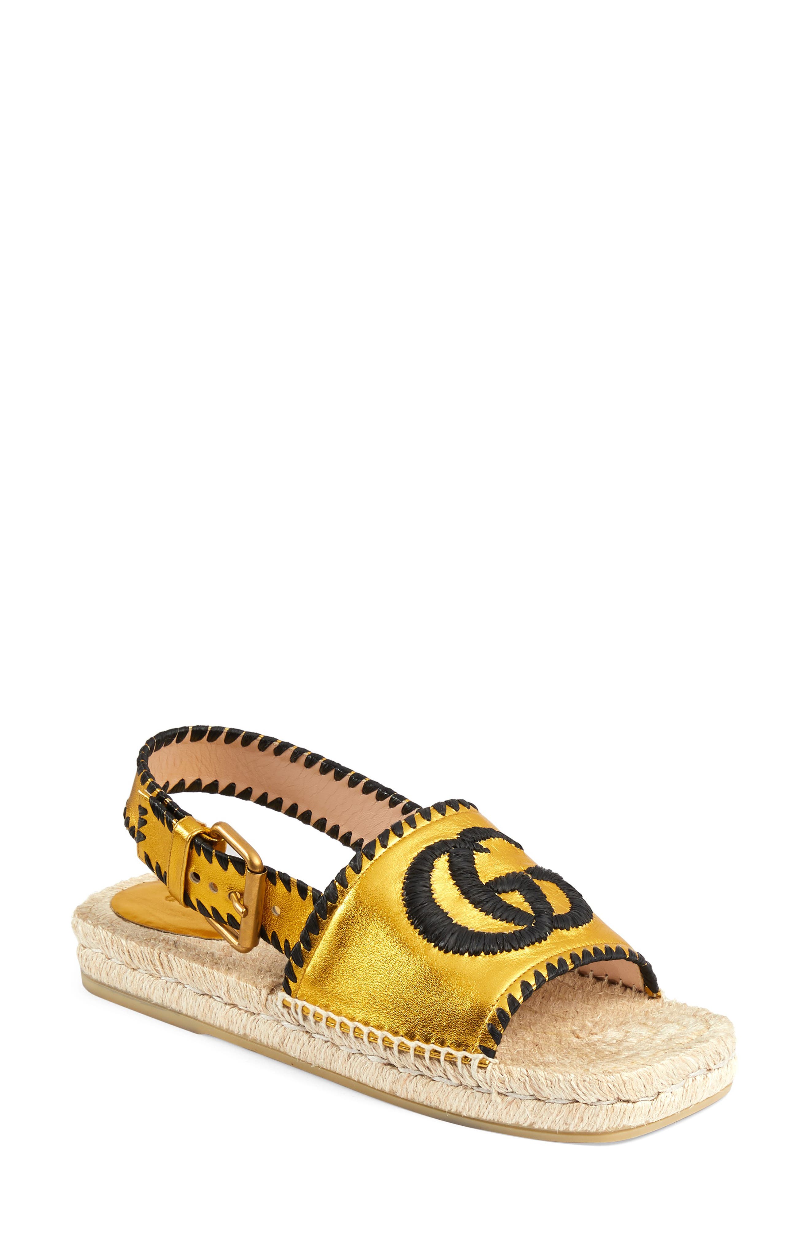 Pilar Embroidered Double G Logo Slingback Espadrille Sandal, Main, color, GOLD