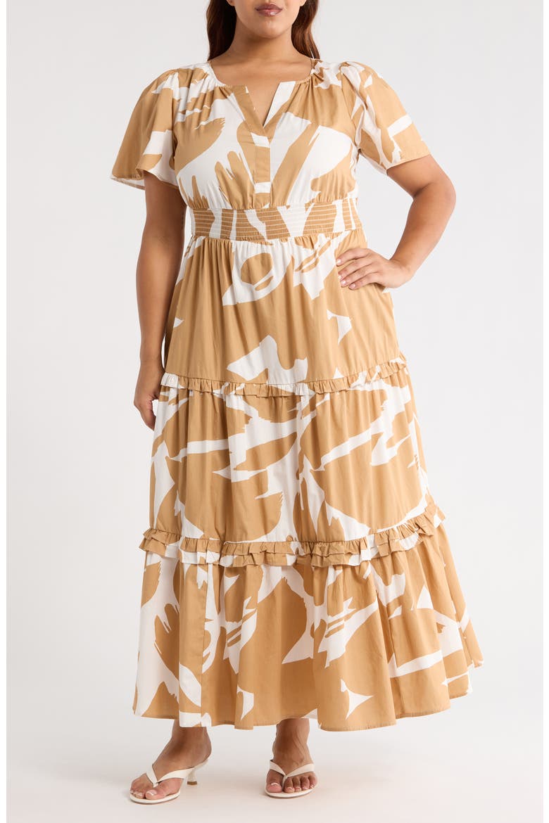 Hazel Abstract Palmer Tiered Cotton Maxi Dress, Main, color, CAMEL/ MULTI