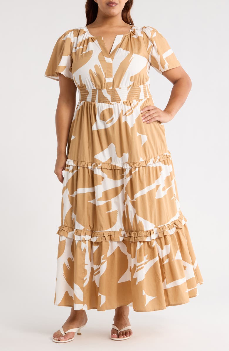 SUGARLIPS Hazel Abstract Palmer Tiered Cotton Maxi Dress, Main, color, Camel/ Multi