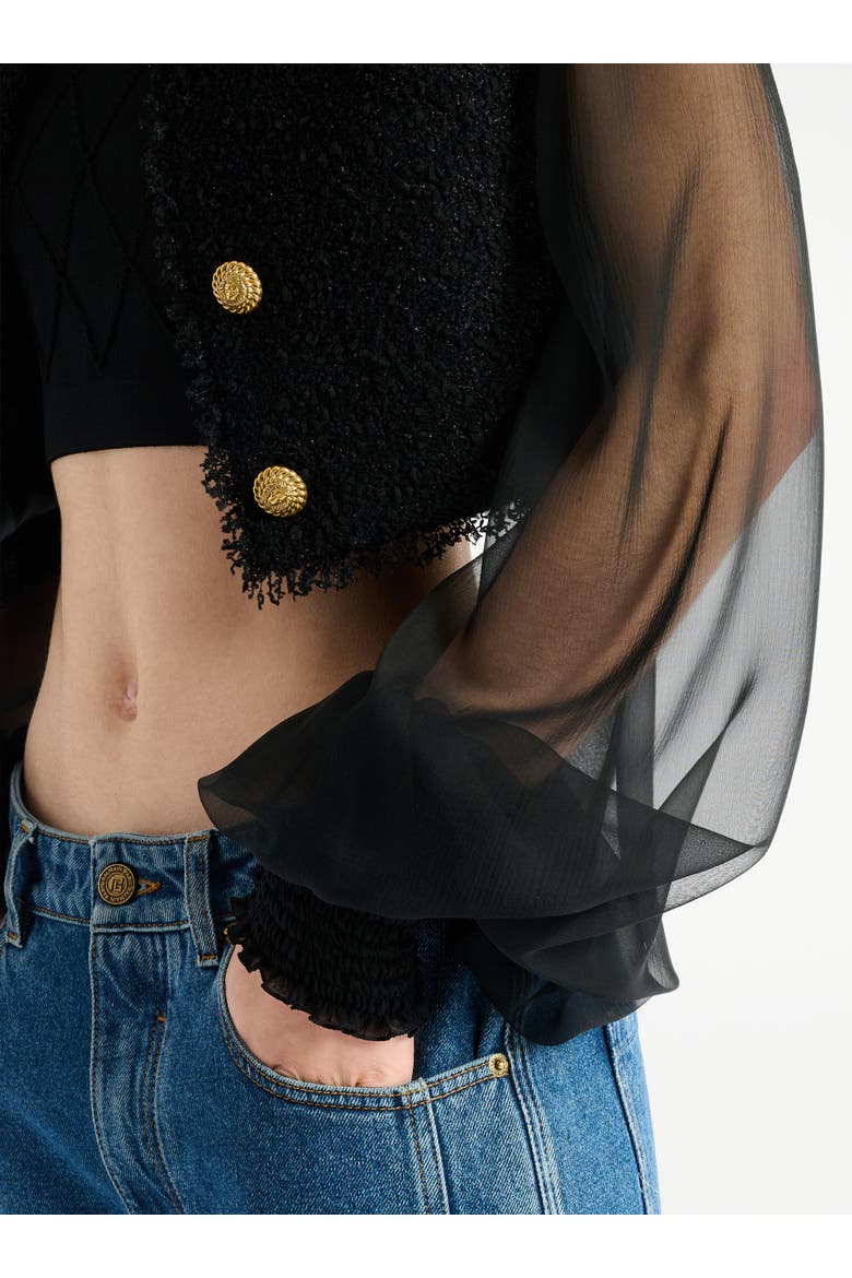 Cropped tweed and muslin jacket, Alternate, color, black