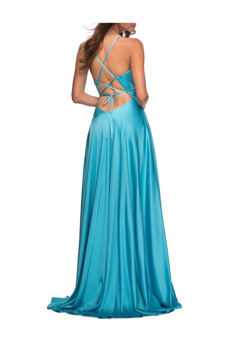 La Femme Bright Satin Gown with Criss-Cross Ruched Top, Alternate, color, Cloud Blue