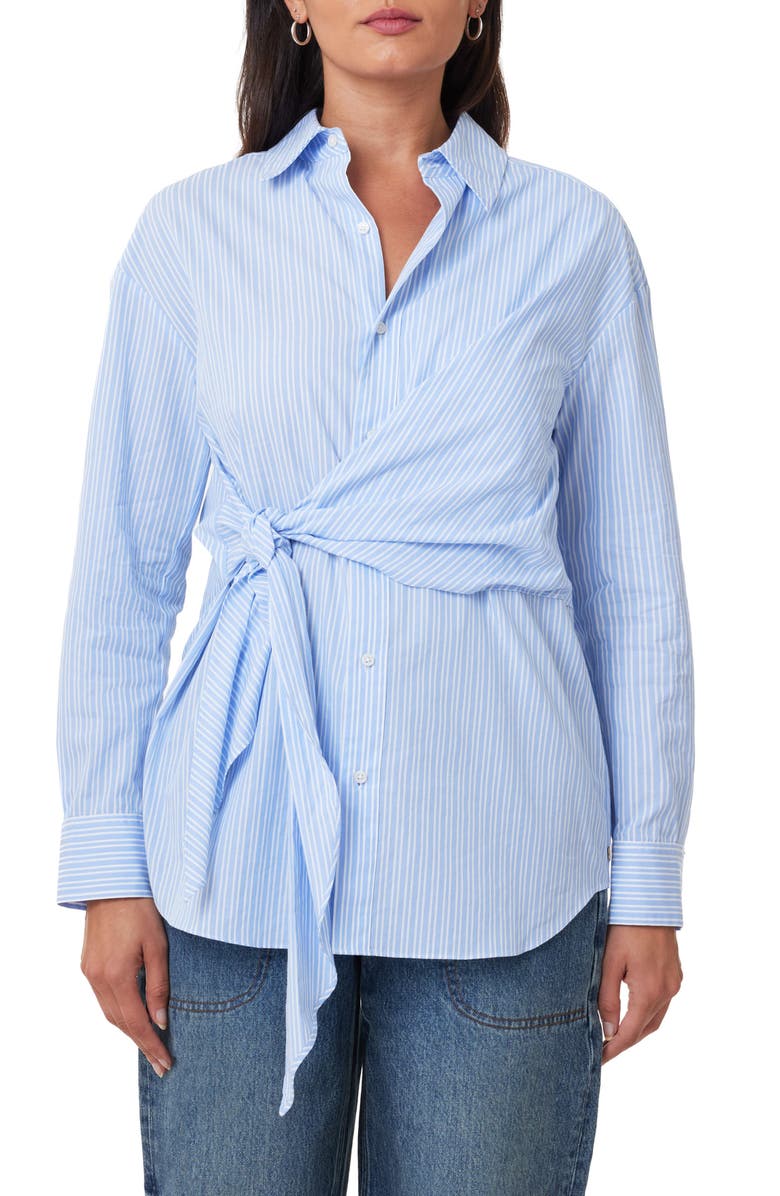 Scotch & Soda Stripe Side Tie Button-Up Cotton Shirt, Main, color, Sky Blue/ White Stripe